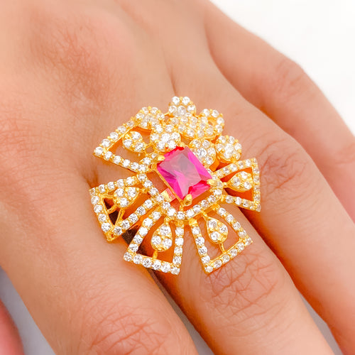 Sparkling CZ Flower 22k Gold Ring