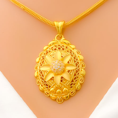 22k-gold-Netted Floral Oval CZ Pendant 
