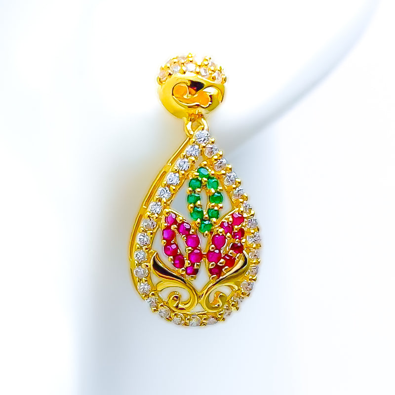 22k-gold-Vibrant Leaf CZ Hanging Earrings 