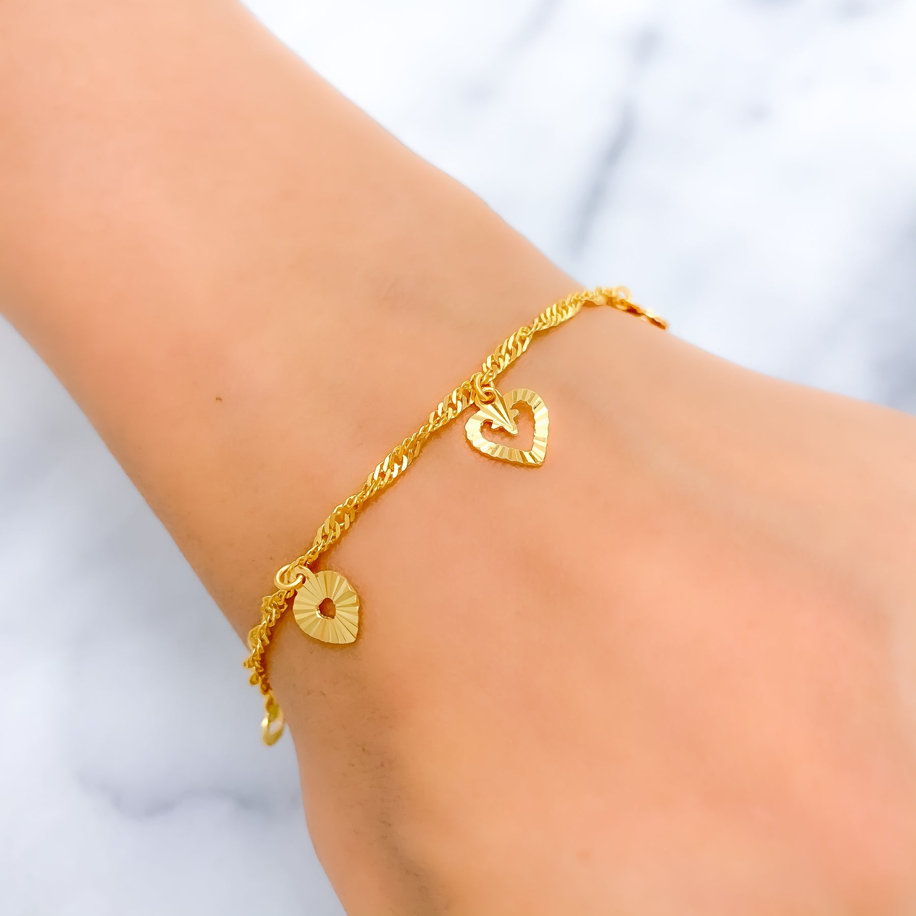 14K YELLOW GOLD BUBBLE HEART BEADED CHARM BRACELET | Patty Q's Jewelry Inc