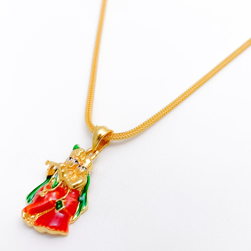 Red + Green Radha Krishna 22k Gold Pendant