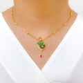 Elegant Pink + Green Peacock 22k Gold Necklace