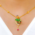 Elegant Pink + Green Peacock 22k Gold Necklace