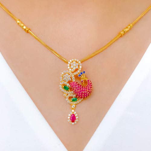 Floral CZ Peacock 22k Gold Necklace Set