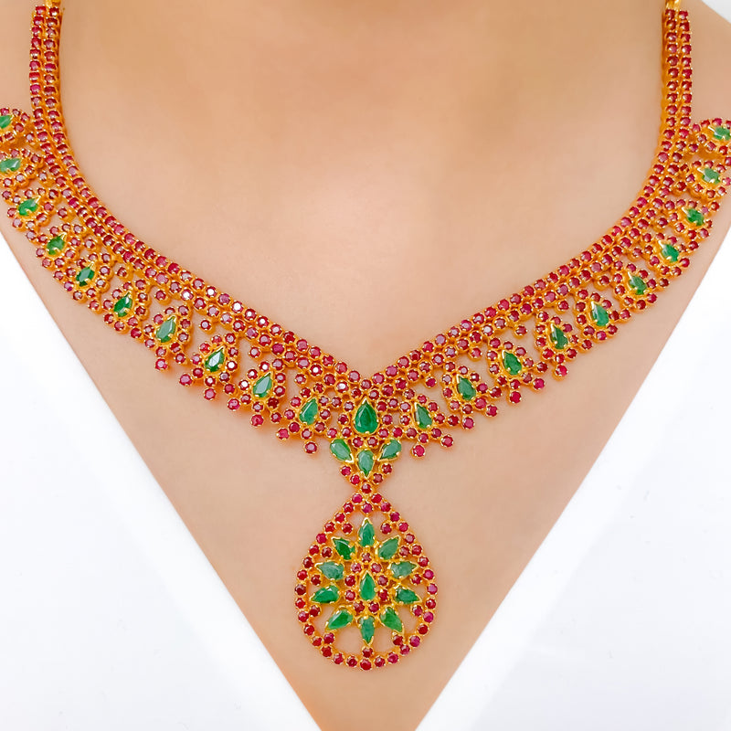 Refined Emerald Accented Necklace 22k Gold Set