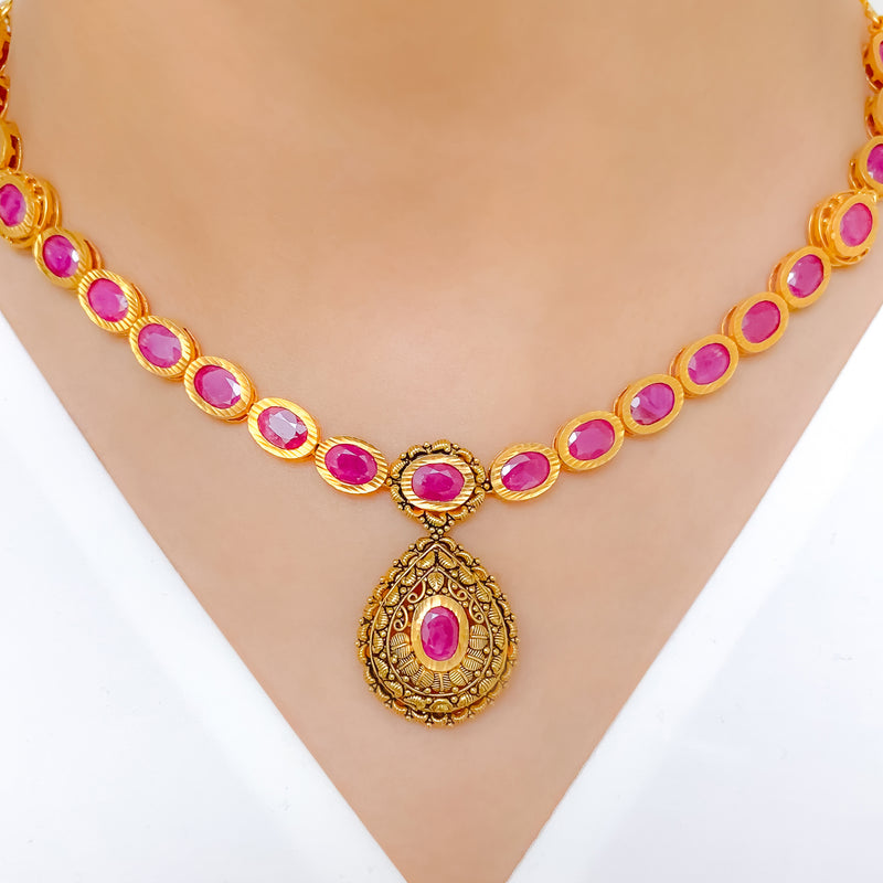 Antique Oval Ruby Necklace 22k Gold Set