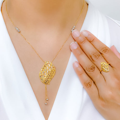 Dressy Leaf Drop Necklace Set + Ring