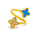 Posh Blue Flower 21K Gold CZ Ring 