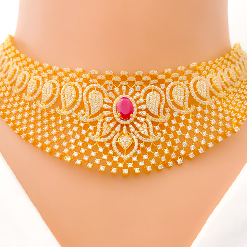 22k-gold-Regal Paisley Accented CZ Choker Set