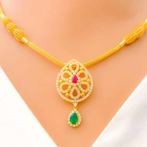 22k-gold-Radiant Open Drop Flower CZ Necklace Set