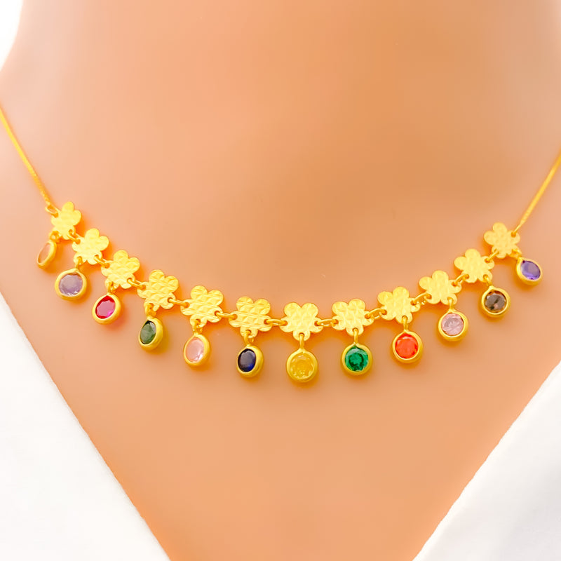 22k-gold-Vibrant Multi Color CZ Charm Necklace Set w/ Bracelet