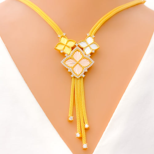 22k-gold-Timeless Triple Flower CZ Necklace Set