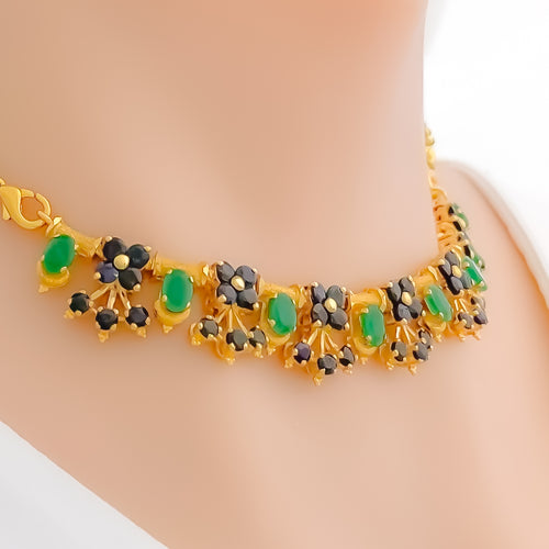 Graceful Floral Emerald & Sapphire Set 22k Gold 