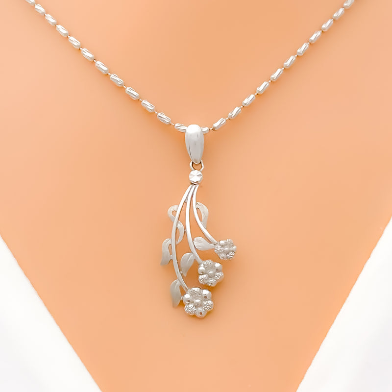 Intricate White Gold Flower Pendant Set