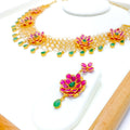 Bold Blooming Ruby Flower 22k Gold Necklace Set