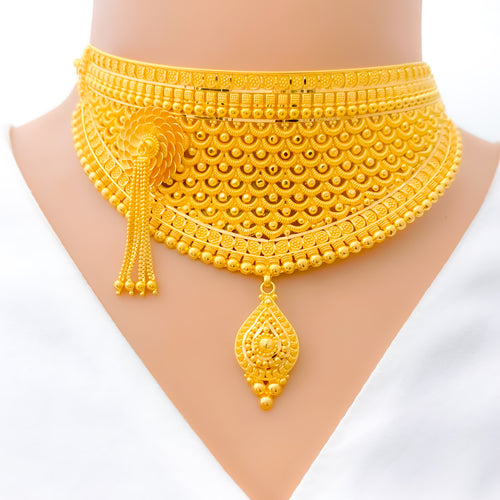 22k-gold-Unique Opulent Choker Set w/ Hanging Chains