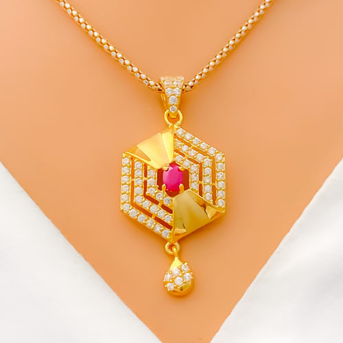 Ritzy Tiered Hexagon CZ 22k Gold Pendant