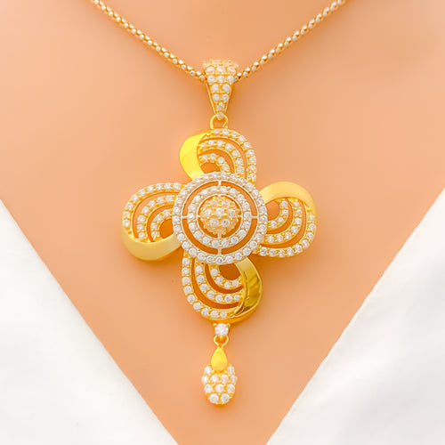 Dressy Decorative Floral CZ 22k Gold Pendant Set