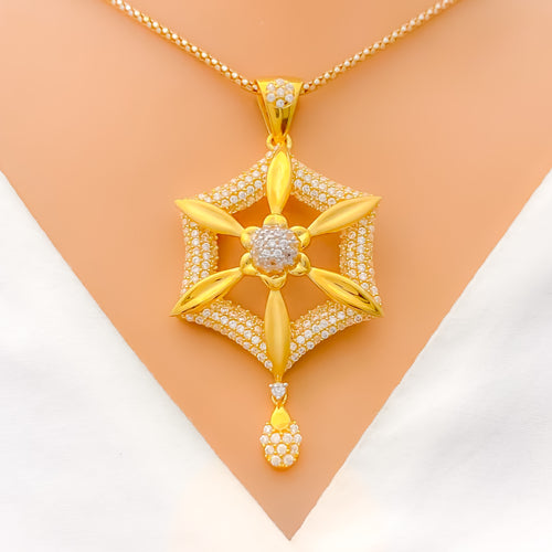 Unique Elevated Floral CZ 22k Gold Pendant Set