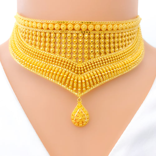 22k-gold-Extravagant Flower Accented V Shaped Choker Set