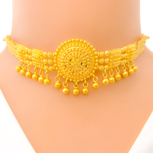 22k-gold-Attractive Floral Choker w/ Dangling Tassel