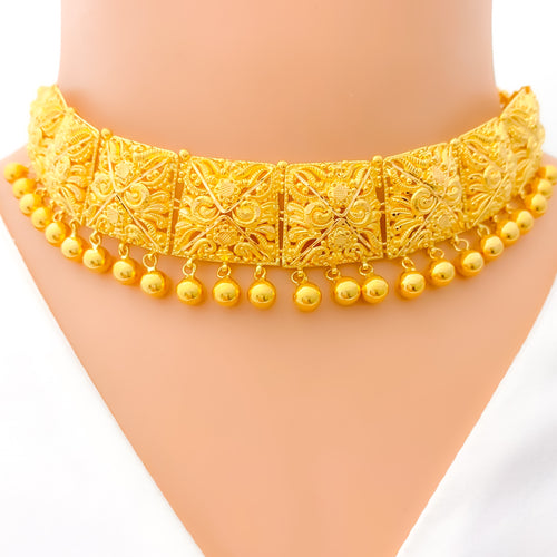 22k-gold-Intricate Motif Choker Set w/ Hanging Beads