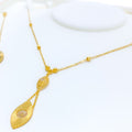 21k-gold-Dangling Leaf CZ Necklace Set w/ Bracelet & Ring 