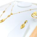21k-gold-Dangling Leaf CZ Necklace Set w/ Bracelet & Ring 