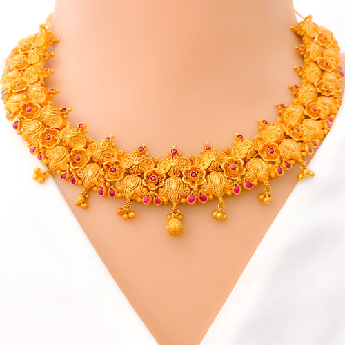 22k-gold-Traditional Decorative Floral Antique Necklace Set 