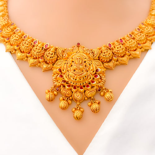 22k-gold-Extravagant Floral Laxmi Antique Necklace Set