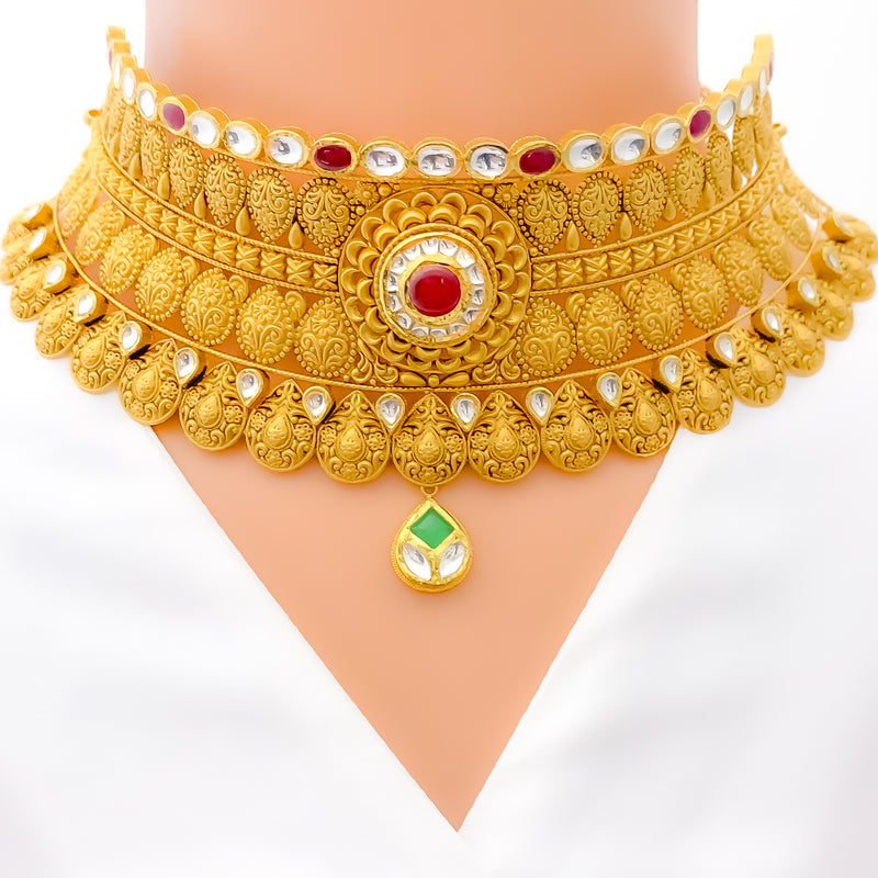 22k-gold-Intricate Engraved Choker Necklace Set 