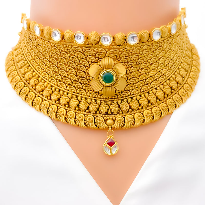 22k-gold-Detailed Decorative Floral Choker Necklace Set 