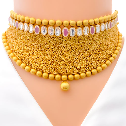 22k-gold-Unique Paisley Accented Beaded Choker Set 