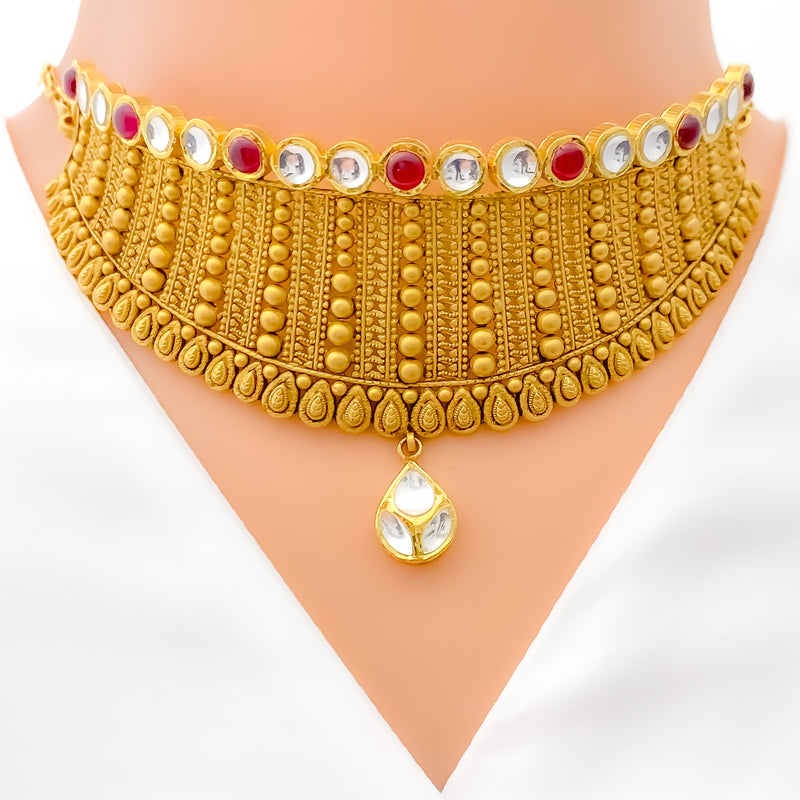 22k-gold-choker-Ornate Striped Choker Necklace Set 