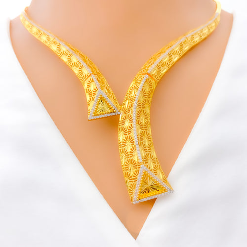 Contemporary Netted 22k Gold CZ Necklace Set