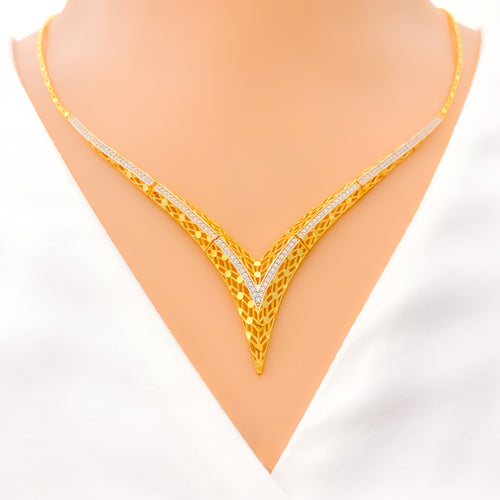 Extravagant 22k Gold CZ V Shaped Necklace Set