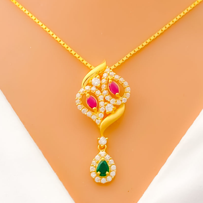 22k-gold-Paisley Accented Leaf CZ Necklace