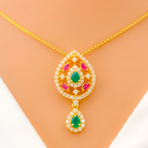 22k-gold-Detailed Dangling Drop CZ Necklace 