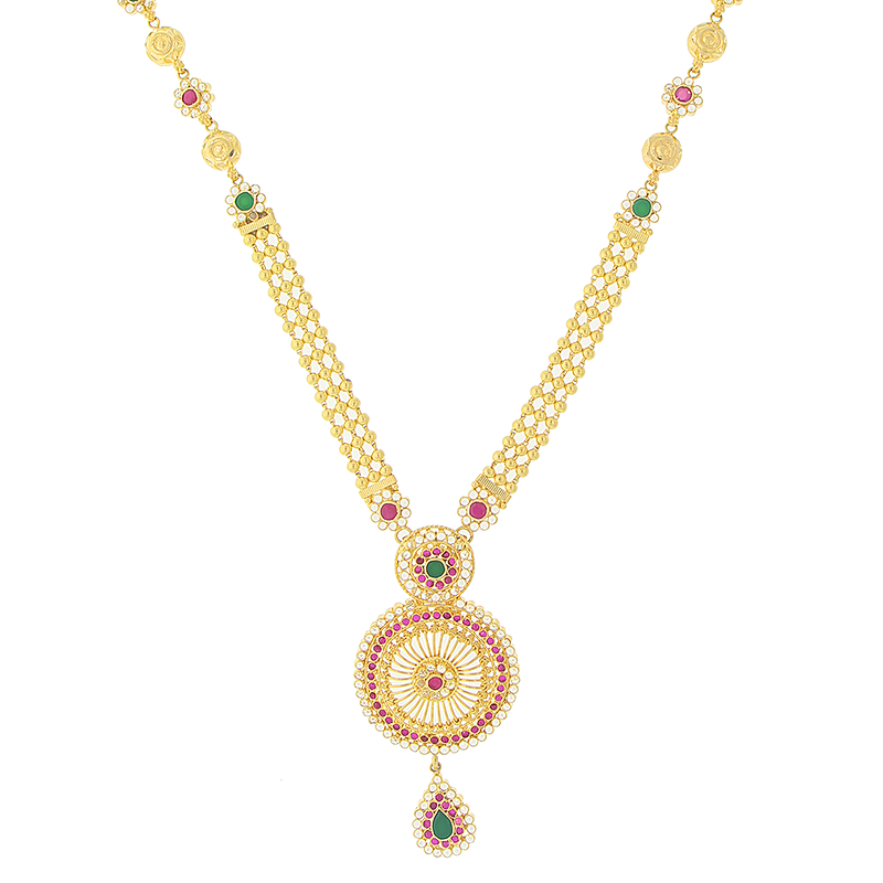 LONG GOLD NECKLACE SET WITH RUBY & EMERALD