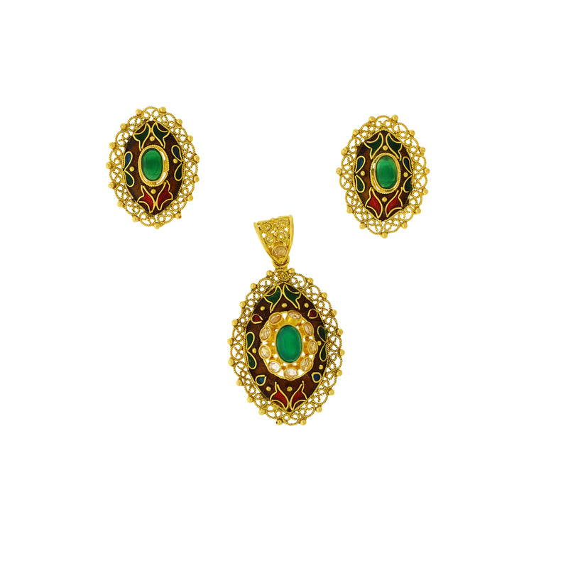 Emerald And Meena Pendant Set